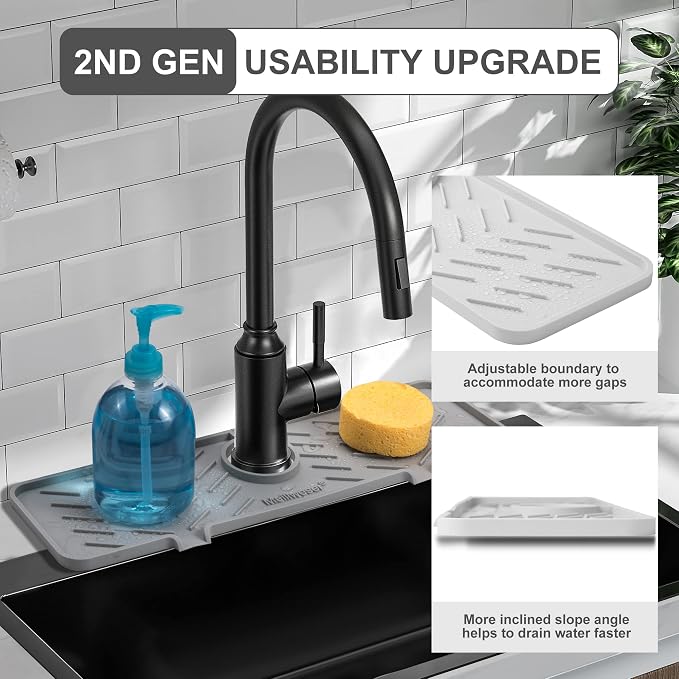 Silicone Faucet Mat for Kitchen Sink – Gen 2 Splash Guard with Upgraded Outlet & Slope – 18” x 5.1” Water Catcher & Sink Sponge Holder for Kitchen and Bathroom (Gray)