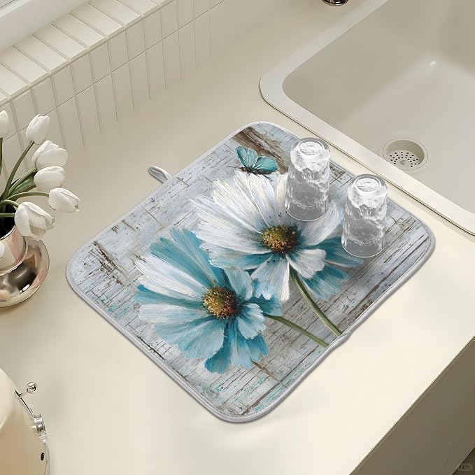 Rustic Teal White Daisy on Vintage Wooden Dish Drying Mat for Kitchen Counter Absorbent Microfiber Large Drying Pad Dish Mats for Kitchen Countertops 18 x 24 Inch