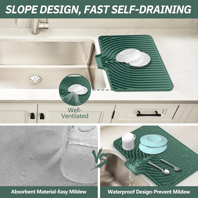 Dish Drying Mat for Kitchen Counter, with Built-in Drain Lip, Food-Grade Silicone, Easy Clean Pad for Countertop Protection, Multi-Functional Use (18x11.8, Dark Green)