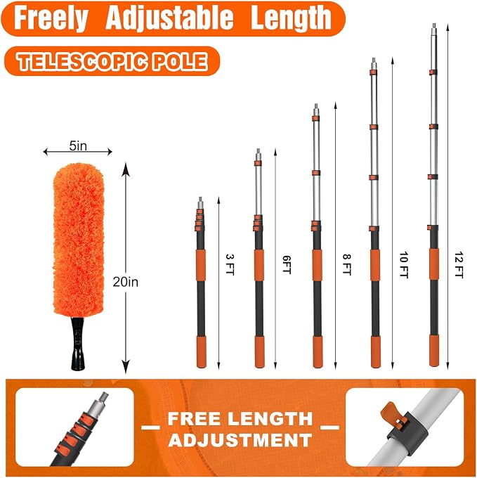 SISUPASSIE 20FT Reach High Ceiling Duster Kit, Window Cleaning kit with 3-12FT Extension Pole, Fan Duster for Ceiling Fan Blades, Microfiber Feather Duster, Window Squeegee, Bucket and Cobweb Duster