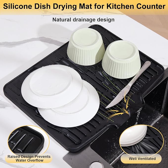 Silicone Dish Drying Mat for Kitchen Counter,Non-Slip Dish Drying Pad with Drain Lip,Heat Resistant Sink drying Mat for Dishes,Large Rubber dish drain mat dish rack mat (Black,15.8"x13")