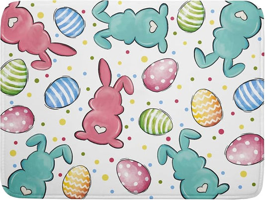 Easter Dish Drying Mat for Kitchen Counter Colorful Bunny Holiday Microfiber Absorbent Dish Draining Reusable Washable Foldable Extra Large 18"x24"