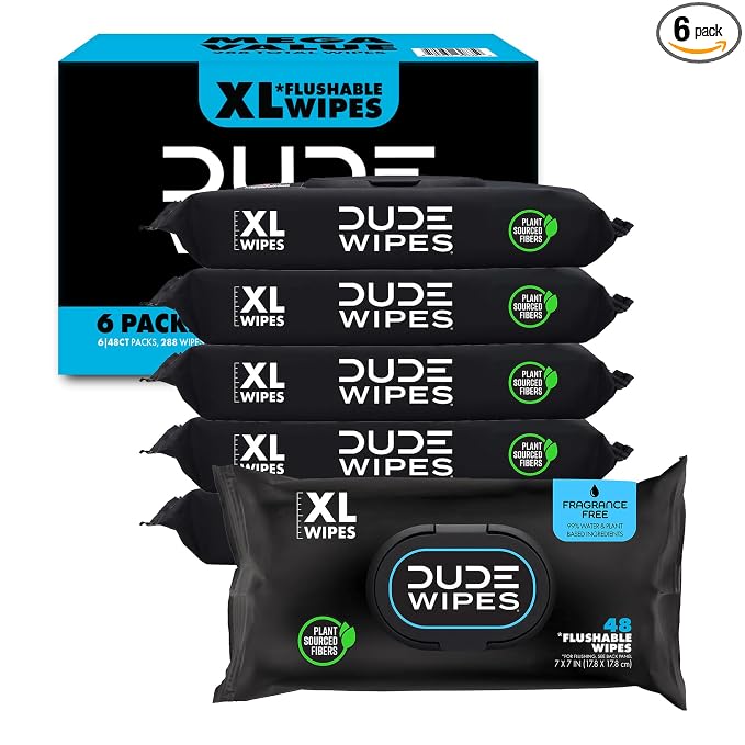 DUDE Wipes Unscented Adult Flushable Wet Wipes, Sensitive Skin, 288 Count | 6 packs of 48 extra large flushable butt wipes. Hypoallergenic plastic-free wipes. 99% water, vitamin E, aloe. Septic safe.