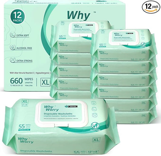 WhyWorry Extra Large Wet Wipes for Adults, 8" x 12", Unscented, 660 Count | Body Cleansing Wipes for Elderly & Incontinence, Extra Thick Disposable Washcloths with Aloe & Vitamin E, Rinse Free