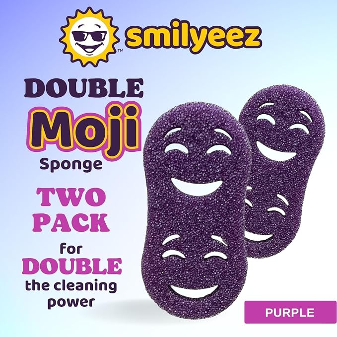 Smilyeez Double-Size Scrub Moji Sponge 2-Pack – Dual Smiling Faces, Temperature-Responsive Scrubber – Scratch-Free, Odor & Stain Resistant – Purple