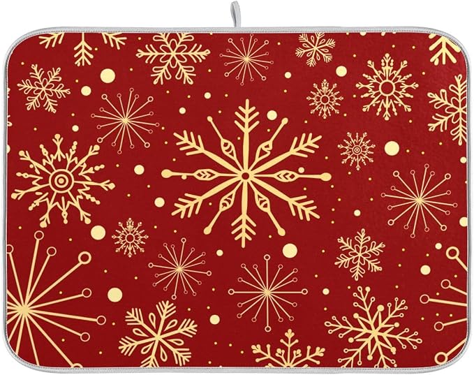 Christmas Snowflakes On Red Dish Drying Mat for Kitchen, Absorbent Microfiber Drying Pad Dish Mat, 16" X 18"