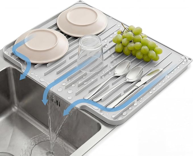 Foldable Silicone Dish Drying Mat for Kitchen Counter & Sink - Quick Dry, Space Saving, Non-Slip Pad for Small Apartments & Coffee Bar Light Grey