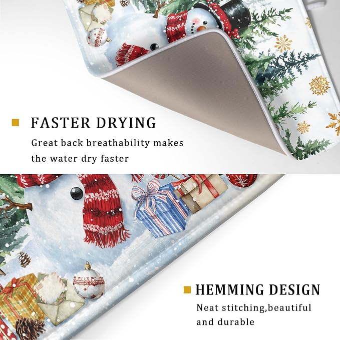 Christmas Kitchen Drying Mat 18 x 24 Inch Xmas Snowman Drying Pad Snowflake and Tree Pattern Absorbent Reversible Microfiber Mats Winter Dish Rack Pad Drainer Mat for Coffee Bar Decor