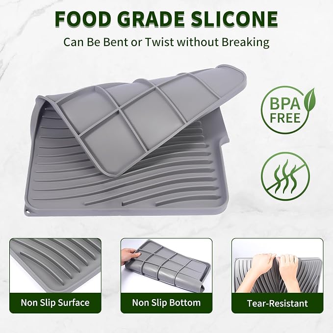 Silicone Dish Drying Mat 16x13,Food-Grade Silicone,Easy Clean Pad for Countertop Protection,Heat Resistant,Easy Clean,Non-Slip Drain Pad with Built-in Drain,Multi-Functional Use,Grey
