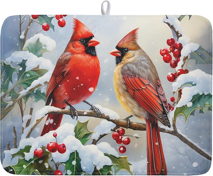 Winter Cardinal Birds Dish Drying Mat, Holly Berry Branches Dish Drying Mat for Kitchen Counter, Red Birds Absorbent Fast Dry Dish Drainer Mat Protector Xmas Microfiber Dish Drying Pad 18x24 Inch