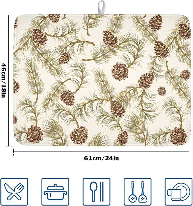 Winter Pine Cone Dish Drying Mat for Kitchen Counter Christmas Pinecone Pine Tree Branches Dish Drainer Mat Xmas Holiday Rustic Absorbent Washable Drying Pad 18"x24"