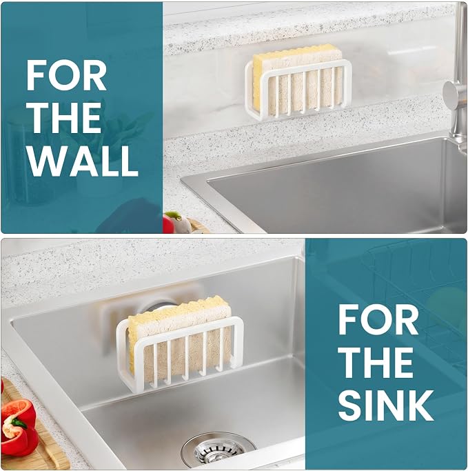TAILI Sponge Holder for Kitchen Sink with Strong Suction Cup, Rustproof Aluminum Sink Caddy for Sponges, Removable Sponge Holder, Dish Brush for Scraper - White, 5.1" x 2.3"