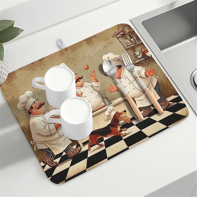 Fat Chef Dish Drying Mat For Kitchen Counter 18x24 Inch Microfiber Absorbent Drying Pad Chef Kitchen Drying Mat Dishes Pad Dish Drainer Rack Mats For Coffee Bar Decor Mats