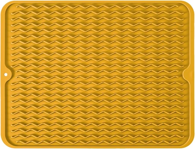 Large 17" x 14" Silicone Dish Drying Mat for Kitchen Counter, Easy clean, Quick Dry, Heat-resistant Dish Drainer Mat for Sink,Refrigerator or Drawer liner (Food Grade Silicone-Yellow)