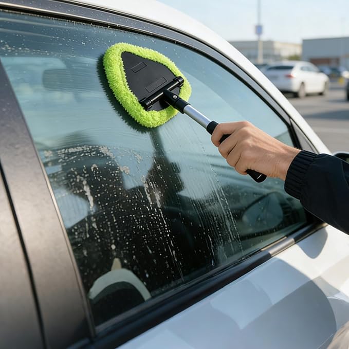 Microfiber Car Windshield Cleaning Tool with Extendable Handle,Car Defogging Glass Cleaning Brush with 4 Reusable Microfiber Pads 1 Spray Bottle and 1 Car Dust Removal Brush. (Green)