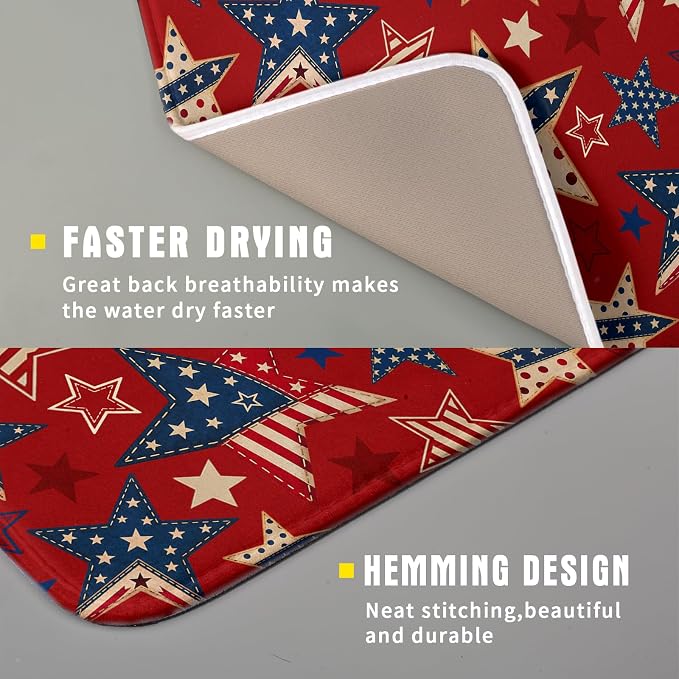 4th of July Dish Drying Mat for Kitchen Counter Patriotic Red Absorbent Dishes Dryer Pad