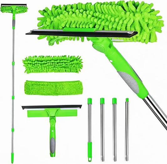 2-in-1 Window Cleaner Tool, 68'' Squeegee for Window Cleaning | Extension Pole, Scrubber with Rotating Head, Streak-Free Squeegee, Thickened Stainless Steel, In/Outdoor Washing Equipment