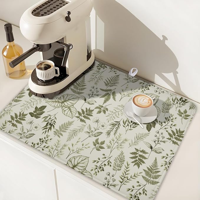 Vintage Botanical Floral Dish Drying Mat for Kitchen Counter Sage Green Herbs Fern Leaves Plant Microfiber Dish Drainer Mat Absorbent Washable Drying Pad Extra Large 18"x24"