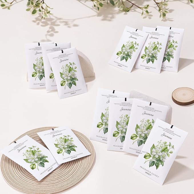 MYARO 12 Pack Jasmine Scented Sachets for Drawer, Closet & Small Spaces Air Freshener Bags, Odor Eliminator for Car, Shoes, Bathroom Home Fragrance Gift Set