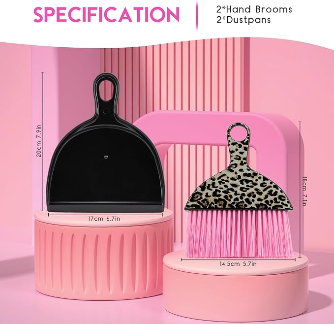 THINKLEARN 2PCS Small Dust Pan and Brush Set, Mini Broom Dustpan Kit | Portable Brush Dustpan Combo Set, Pink Leopard Print Design, Compact Cleaning Supplies