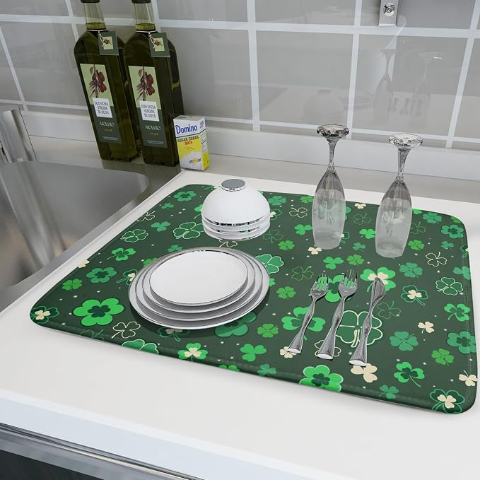 Happy St. Patrick's Day Dish Drying Mat for Kitchen Green Lucky Shamrock Clover Dish Drying Mat for Dishes Spring Irish Drying Mats 18x24 Inch Absorbent Reversible Dish Pad for Countertop Coffee Bar