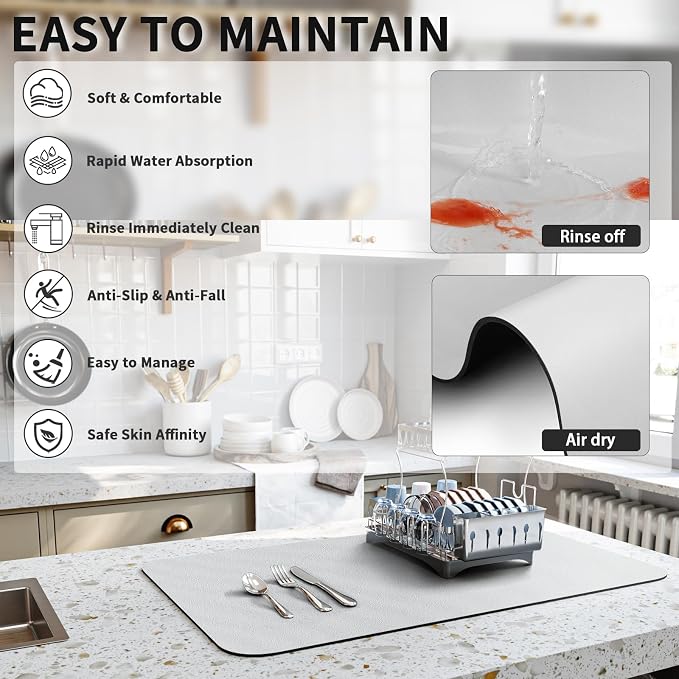 HotLive Dish Drying Mat for Kitchen Counter, Heat Resistant Drainer Mats with Non-slip Rubber Backed, Hide Stain Kitchen Super Absorbent Draining Mat, Easy to Clean Dish Rack Pad, Light Grey 16"x18"