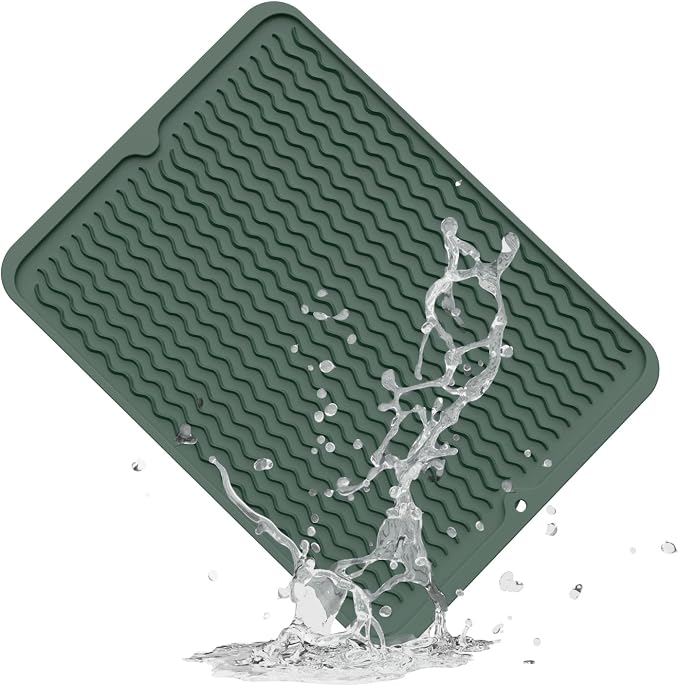 ZLR Silicone Dish Drying Mat for Kitchen Counter (12" x 16" / 307 x 405mm) - Large Fast-Dry Drainer Mat with Raised Wavy Ridges & 5mm Lip - Non-Slip, Heat Resistant 450°F, BPA-Free (Dark Green)