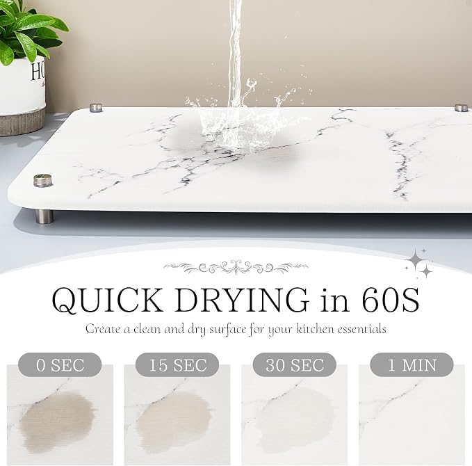 Stone Dish Drying Mat for Kitchen Counter, Quick Drying Diatomaceous Earth Dish Drying Mat with 4 Metal Brackets for Kitchen Sink, Size 15.7 x 11.8 Inches, White Marble Style