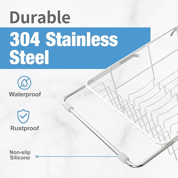 JASIWAY Dish Drying Rack in Sink, Expandable Stainless Steel Dish Drainers with Drainboard for Kitchen Counter, Space Saving Dish Dryer Rack, Over The Sink Dish Racks with Utensil Holder & Cups Holder