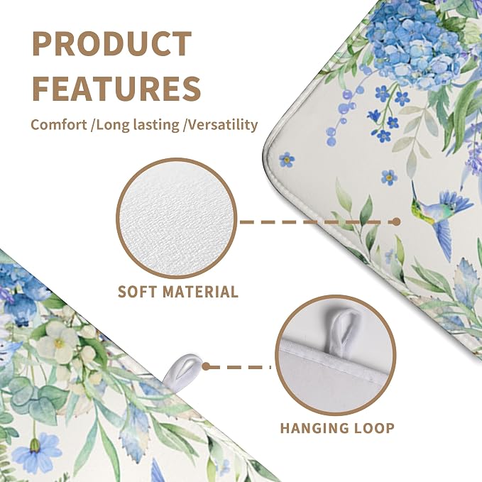 Blue Hydrangea Dish Drying Mat for Kitchen Counter 18 x 24 Inch Spring Floral Hummingbird Butterfly Absorbent Microfiber Dish Mat Reversible Washable Heat Resistant Dry Pad for Coffee Bar