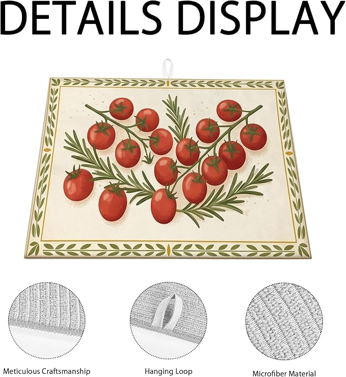 Tomatoes Herb Dish Drying Mats for Kitchen Counter, Rustic Red Tomatoes Absorbent Dish Drainer Rack Mat, Seasonal Farmhouse Microfiber Drying Pad for Kitchen Counter Decor 18x24 Inch