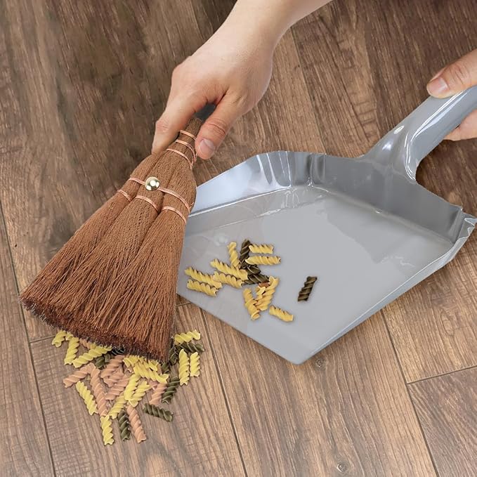 Small Metal Dust Pan and Brush for Fireplace, Garage, Shop, 9" Wide | Heavy duty dustpan for outdoor indoor camping rv, Natural soft hand broom for bench counter woodworking woodstove anti-static