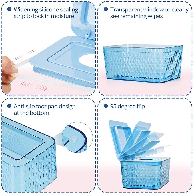 Wipes Dispenser, One-Handed Operation Wipe Holder for Baby & Adult, Seal-Designed Wipes Container for Bathroom Keep Diaper Wipes Fresh (Blue)