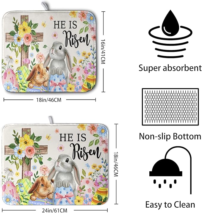 He is Risen Easter Dish Drying Mat for Kitchen Counter Bunny Floral Cross Dish Drainer Mats Spring Rabbit Flowers Egg Dish Drying Pads Absorbent Microfiber Reusable Dish Rack Mat 16x18 Inch