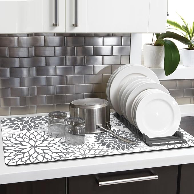 Findosom 2PCS 17" x 32" Dish Drying Mat & 24" x 5.5" Sink Splash Guard, Super Absorbent & Cuttable Dish Mat Drying Kitchen Mat with Gray Floral, Hide Stain Drying Mat for Kitchen Counter