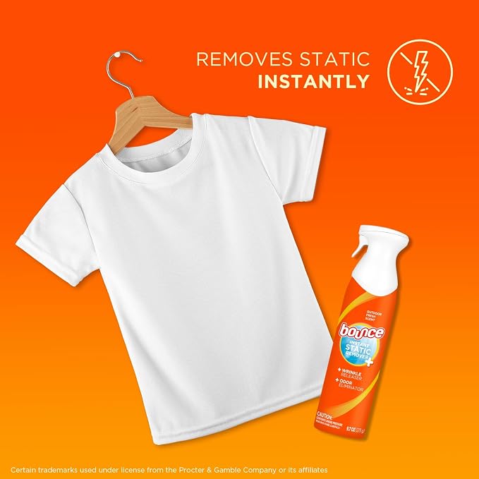 Bounce 3 in 1 Instant Anti Static Spray & Wrinkle Release, Odor Eliminator & Fabric Refresher (Fresh Scent, 9.7 Fl Oz, Pack of 2)