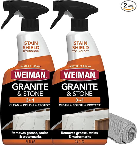 Weiman Granite and Stone Cleaner 3-in-1, Removes Grease, Stains & Watermarks, Streak-Free Formula with Stain Shield Technology, Safe on Marble, Quartz, Tile, Granite, Quartzite & Slate