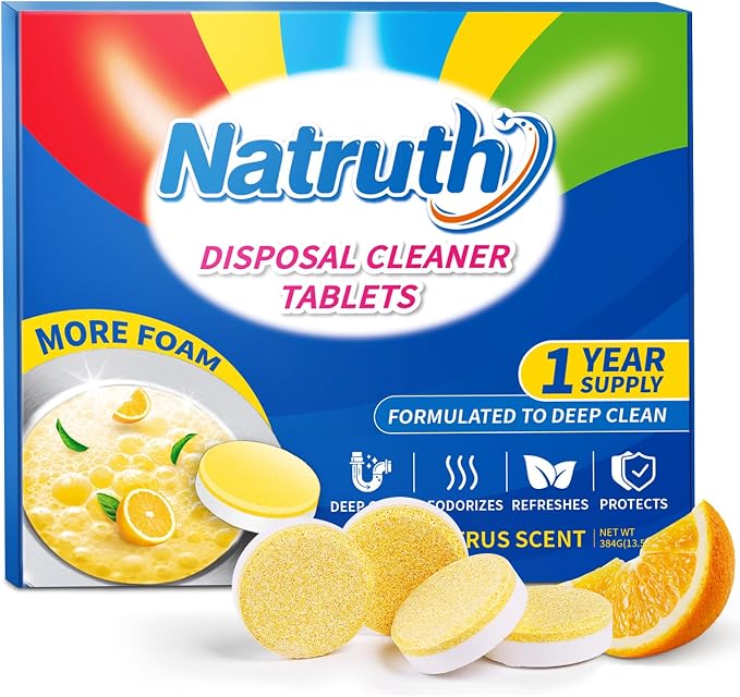 NATRUTH Garbage Disposal Cleaner Tablets - 24 Count - Lemon Scent - Removes Odor & Grease - Safe & Natural - Easy to Use - Deep Cleaning & Freshening - Septic Safe