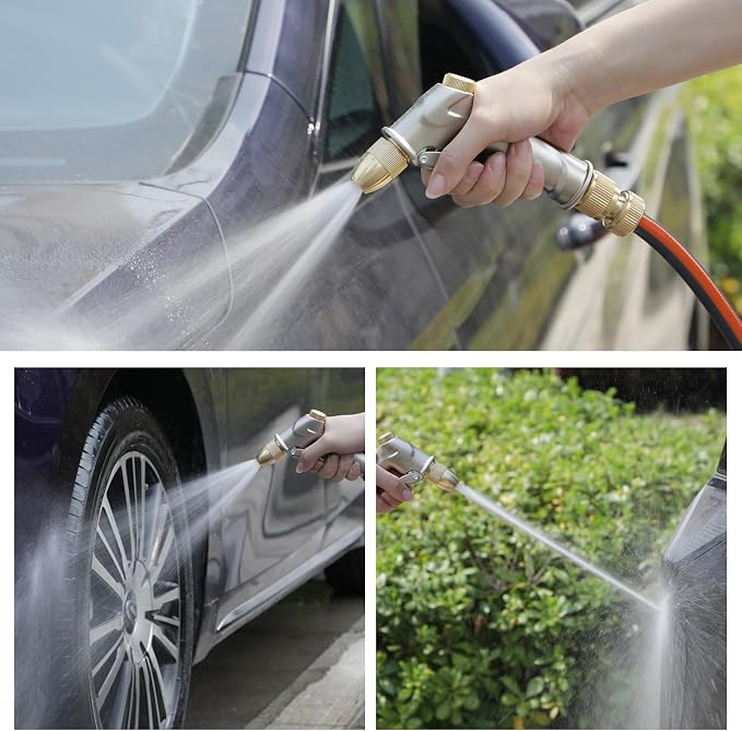 100% Metal Heavy Duty Garden Hose Nozzle with Brass Nozzle with 4 Patterns | Fits 3/4” Garden Hose Thread for Plants, Lawns, Cars, Patio, Car, Window
