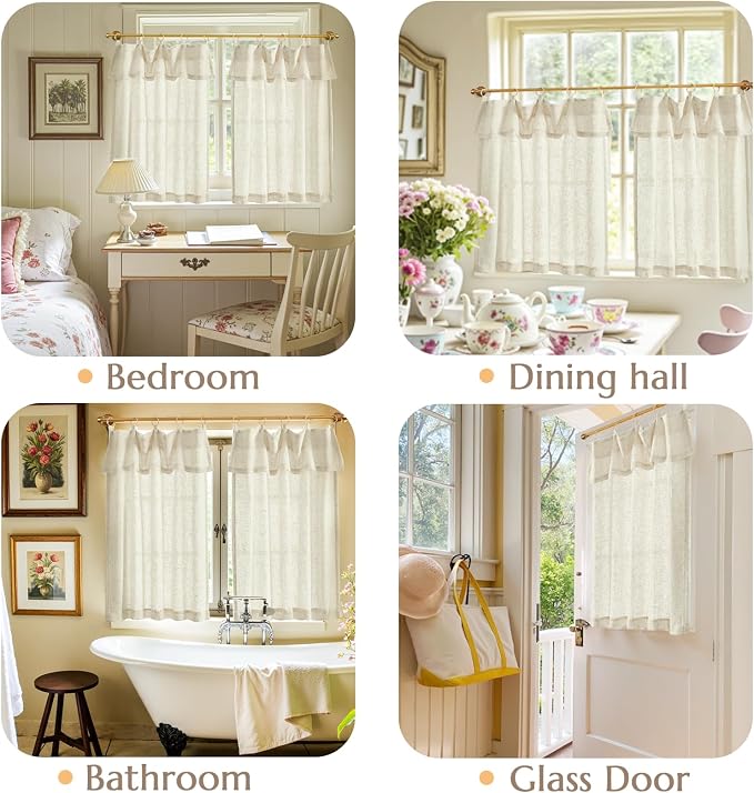 jinchan Linen Tier Kitchen Curtains, 30x24, 2 Panels, Natural | Light filtering, rod pocket, farmhouse, small window decor, cafe style, machine washable, bathroom, laundry room, RV
