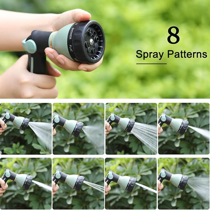 FANHAO Heavy Duty Garden Hose Nozzle, Metal Hose Sprayer Easy Thumb Control | 8 Spray Patterns, Rustproof Water Nozzle, Non-Slip Ergonomic Grip, Elder & Child Friendly for Garden, Car & Pet, Light Green