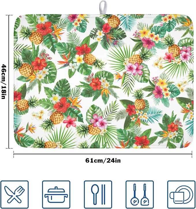 Summer Tropical Dish Drying Mat for Kitchen Counter Hawaii Palm Leaves Floral Pineapple Microfiber Dish Drainer Mat Rustic Absorbent Washable Drying Pad Extra Large 18"x24"