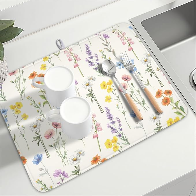 Spring Summer Colorful Floral Dish Drying Mat 18x24 Inch | Wildflower，Polyester，Absorbent Microfiber，for Kitchen Coffee Dining Bar Decor