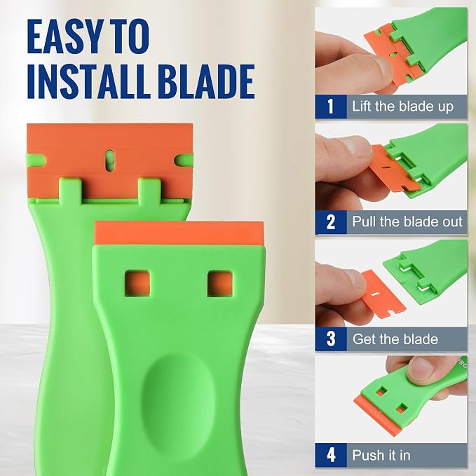 WORKPRO Plastic Razor Blade Scraper Kit, 3 Scrapers with 120 Blades | Safer Plastic Blade Design, Helps Reduce Scratches, Removes Stickers, Labels, Glue & Residue from Glass, Windows & More