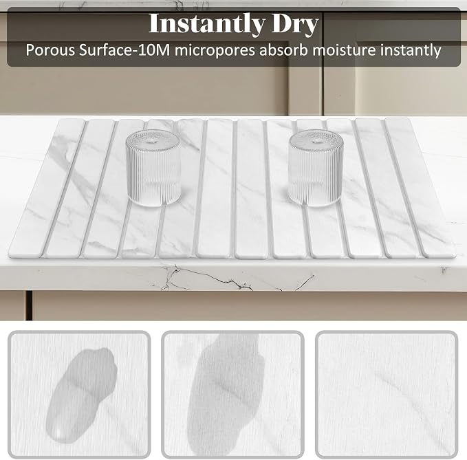 Large Stone Dish Drying Mat for Kitchen Counter, Quick Dry Dish Drying Mats, Foldable Absorbent Diatomaceous Earth Mats for Dishes Bottles Cup, Match Any Countertop (White Marble 28"×16" & 8"x4")