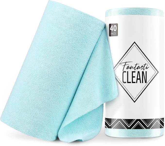 Fantasticlean Microfiber Cleaning Cloth Roll- 40 Sheets, 12" x 12" (Blue) | Super Absorbent, Lint-free, Tear-away Microfiber Towel Roll, for All-Purpose Cleaning