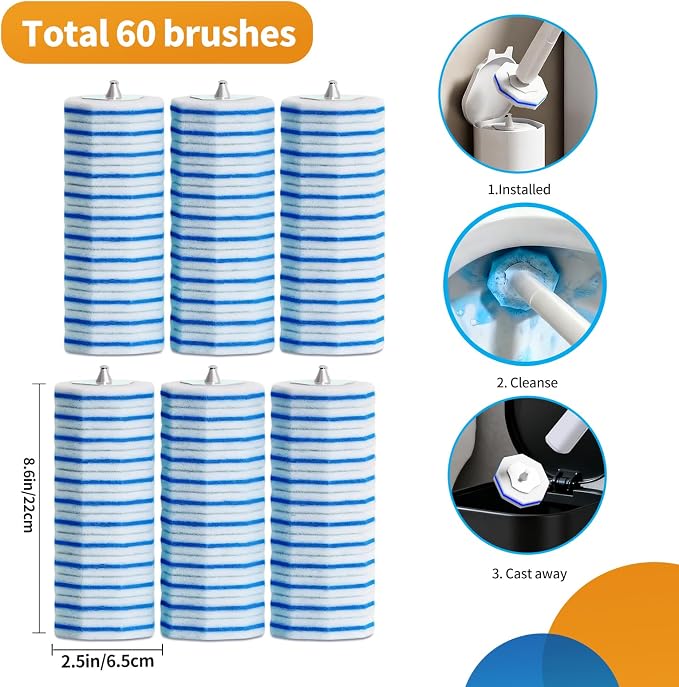 60pcs Disposable Toilet Brush Refill Pads, Replacement Brush Heads, Toilet Cleaner Refills，Disposable Wand Heads，Bathroom Cleaning，Toilet Cleaning Scrubbers Compatible with Most Toilet Brushes