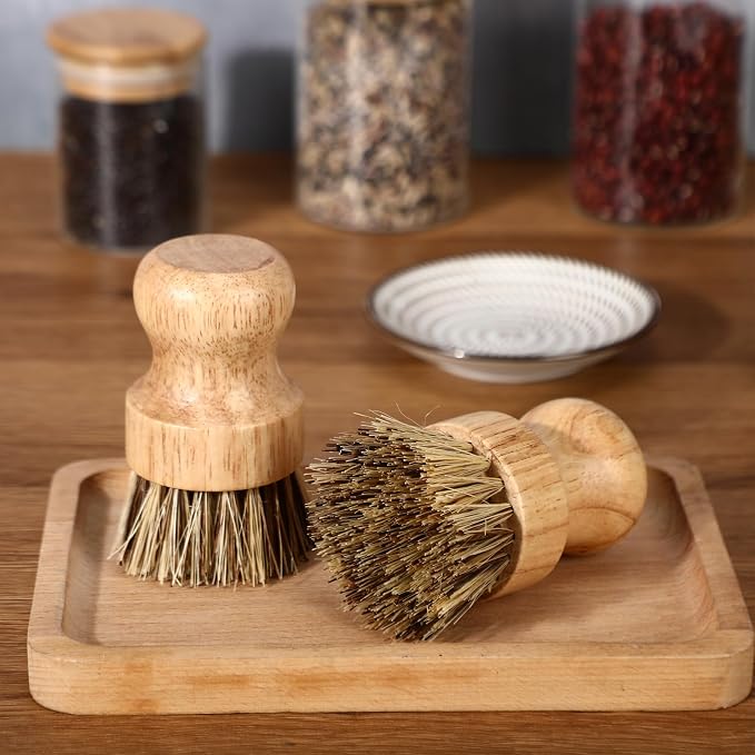 Nuenen 6 Packs Bamboo Dish Scrub Brushes Wooden Scrubbers Set Kitchen Dishwashing Scrubber with Natural Sisal Bristles for Iron Pot Pan Sink(Sisal)