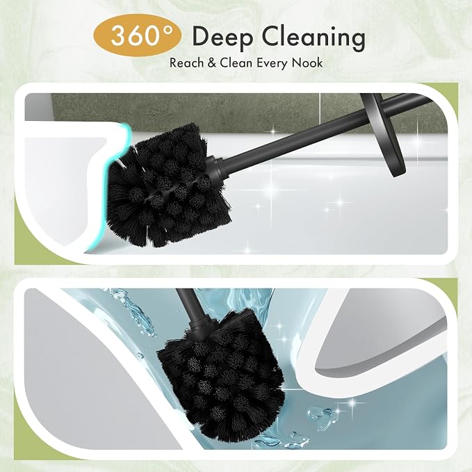 Toilet Bowl Brush and Holder Set 2 Pack with 4 Extra Brush Heads | Extra Long Handle with Splash Guard Cover, Tool-Free Installation, Bathroom Space-Saving, Cleaner Sets for Apartments, RV (Black)