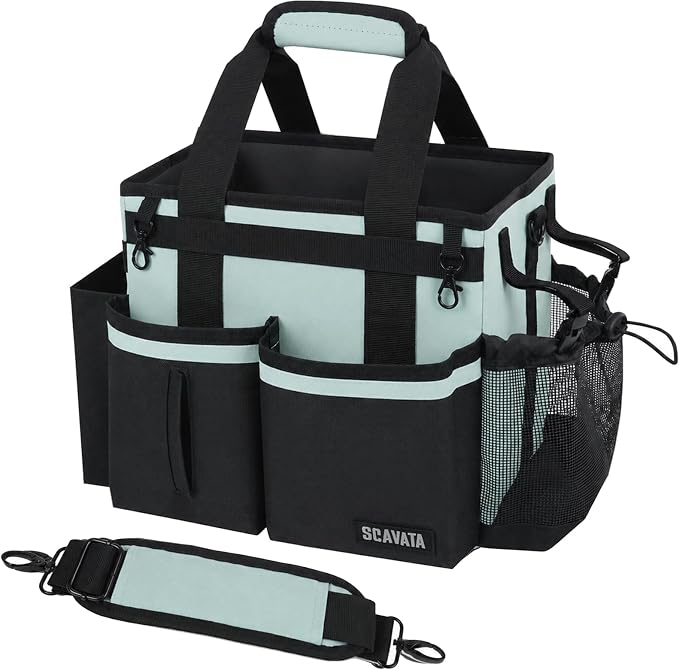 SCAVATA Compact Wearable Cleaning Caddy with Handle & Shoulder Straps | Small Cleaning Supplies Organizer, Under Sink & Car Cleaning Tools Storage Bag for Housekeepers Cleaners, Baby Blue